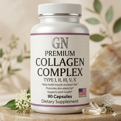 Bottle of GN Premium Collagen Complex dietary supplement on a wooden surface with a blurred natural background.