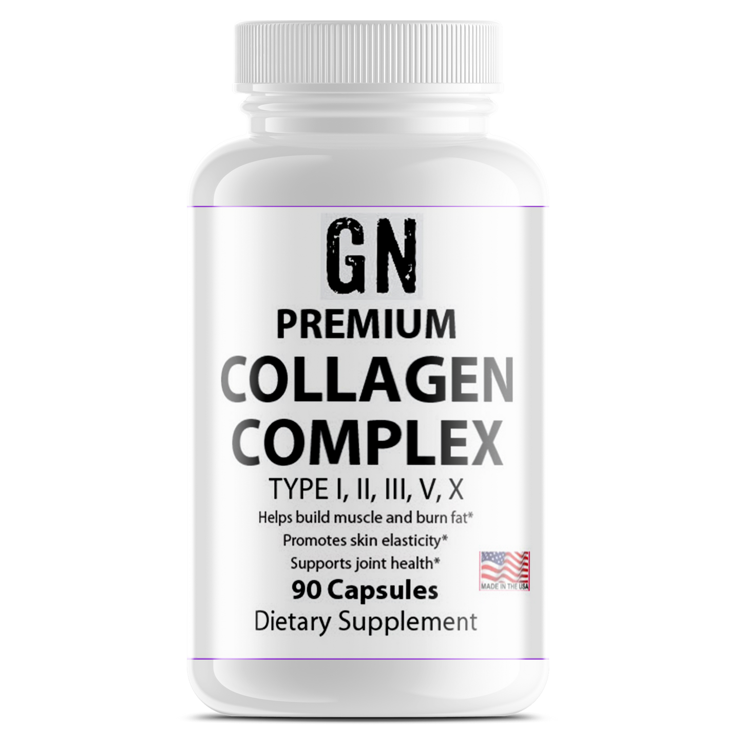 Supplement bottle labeled 'GN Premium Collagen Complex' on a white background