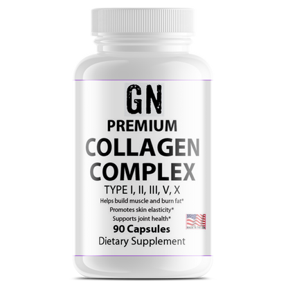 Supplement bottle labeled 'GN Premium Collagen Complex' on a white background