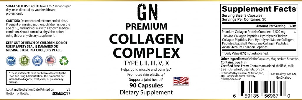 Supplement label for GN Premium Collagen Complex dietary supplement