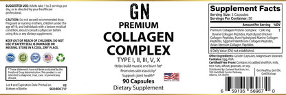 Supplement label for GN Premium Collagen Complex dietary supplement