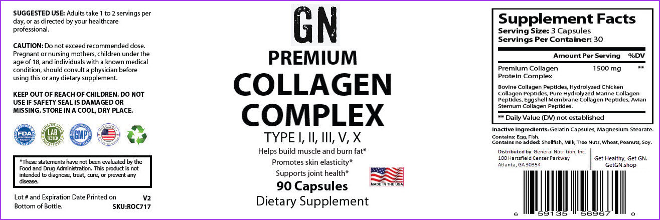 Supplement label for GN Premium Collagen Complex dietary supplement on a white background