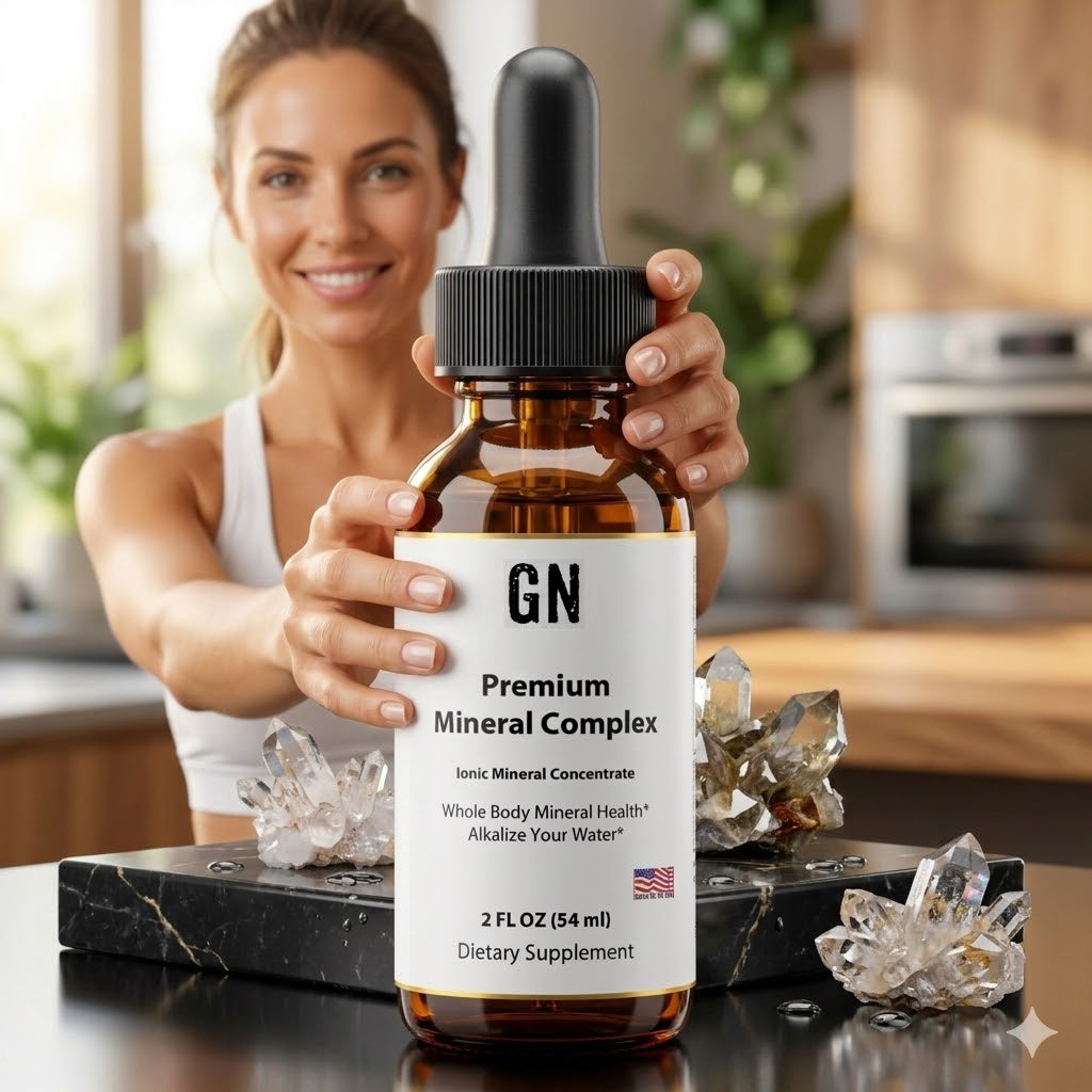 Woman holding a bottle of GN Premium Mineral Complex in a kitchen setting with crystals on a marble slab.