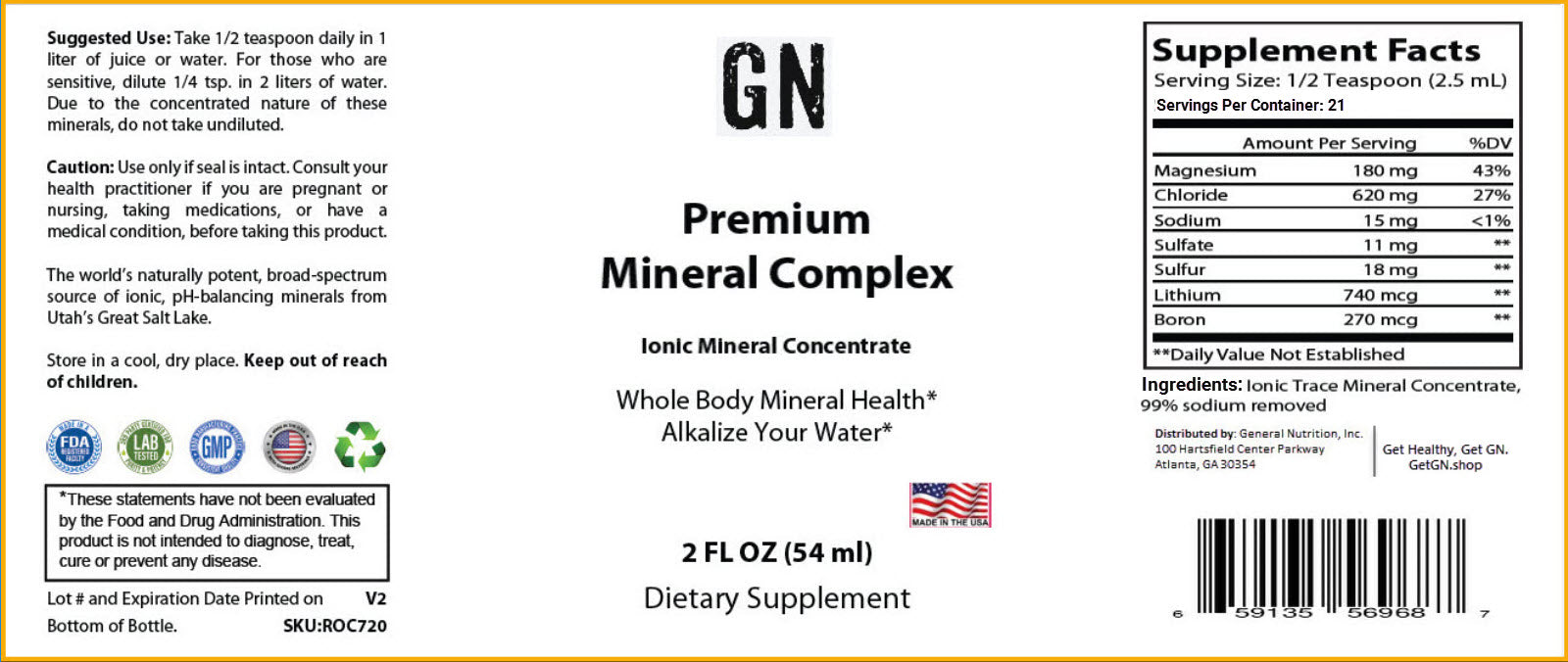 Supplement label for GN Premium Mineral Complex dietary supplement