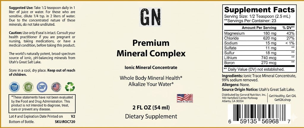 Supplement label for Premium Mineral Complex with ingredients and nutritional information.