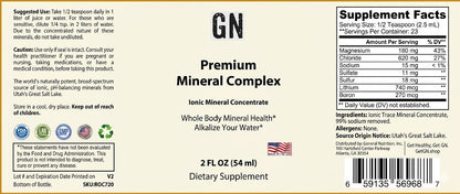 Supplement label for Premium Mineral Complex with ingredients and nutritional information.