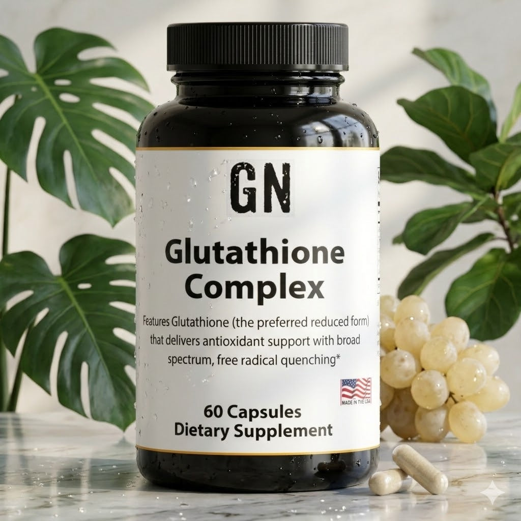 Supplement bottle labeled 'GN Glutathione Complex' with a plant and grapes in the background