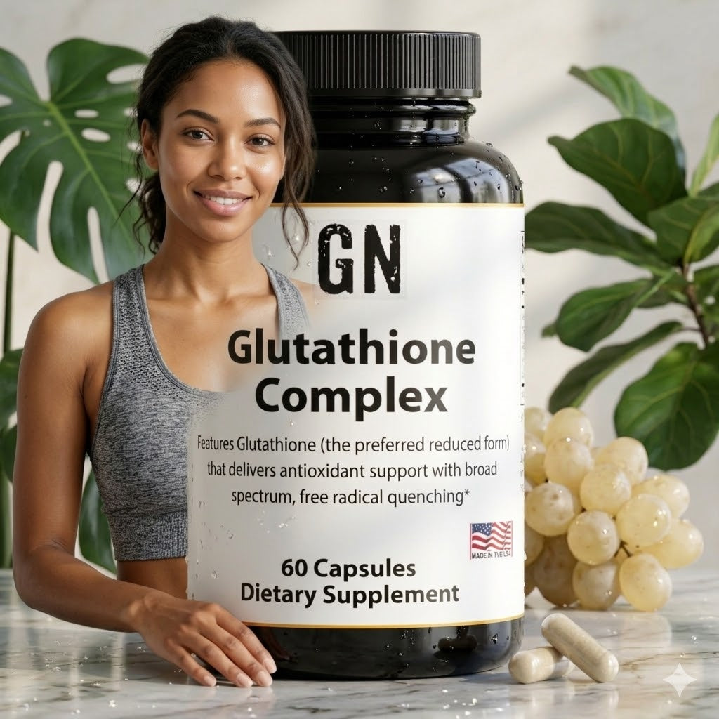 Woman holding a bottle of GN Glutathione Complex supplement with a blurred background