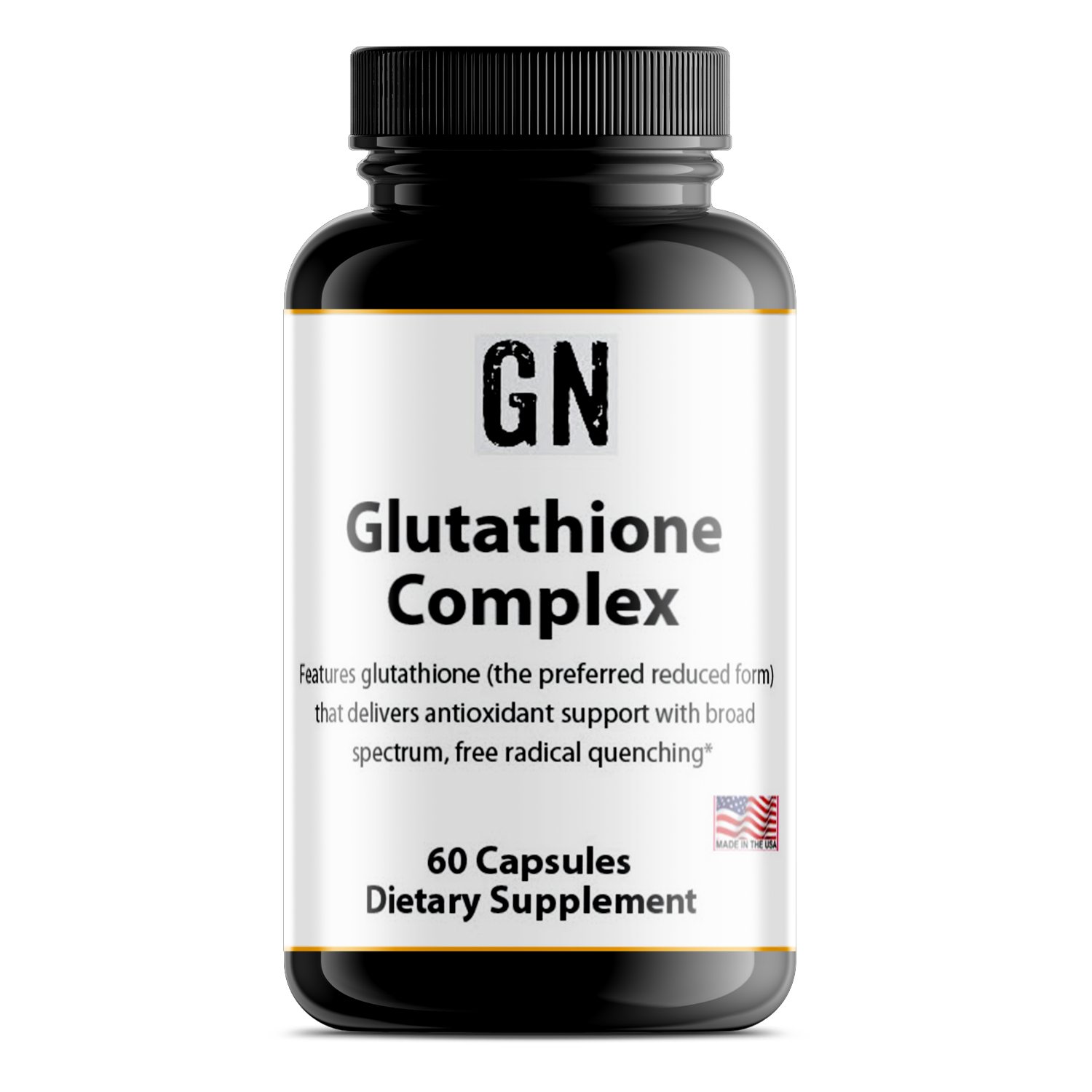 Supplement bottle labeled 'GN Glutathione Complex' on a white background