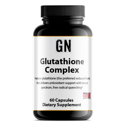Supplement bottle labeled 'GN Glutathione Complex' on a white background