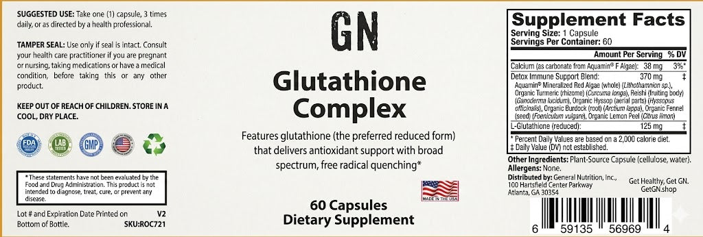 Supplement label for Glutathione Complex dietary supplement with various logos and text.