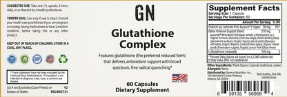 Supplement label for Glutathione Complex dietary supplement with various logos and text.