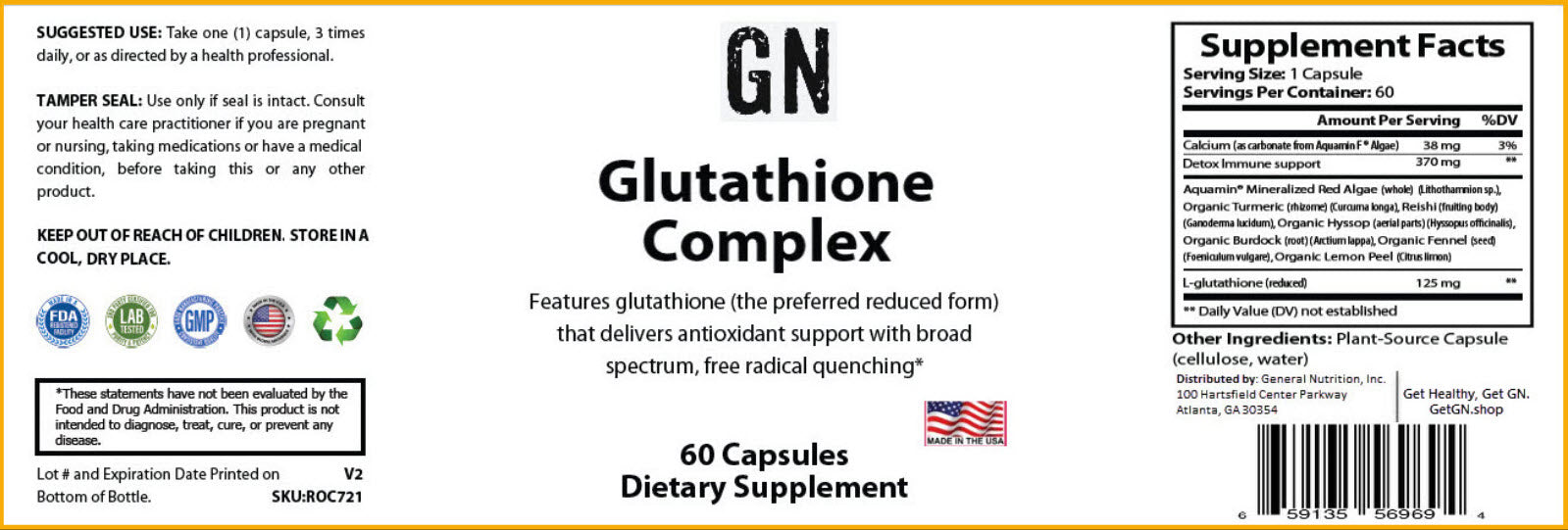 Supplement label for Glutathione Complex dietary supplement with various logos and text.