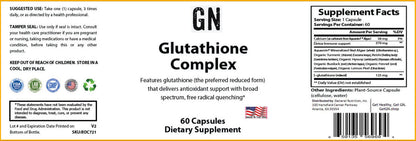 Supplement label for Glutathione Complex dietary supplement with various logos and text.