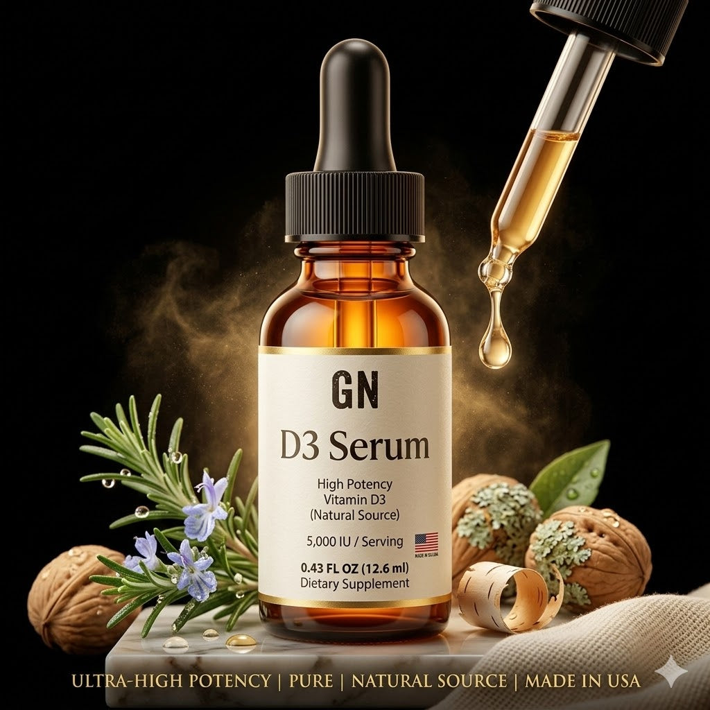 D3 Serum bottle with dropper and natural elements on a dark background