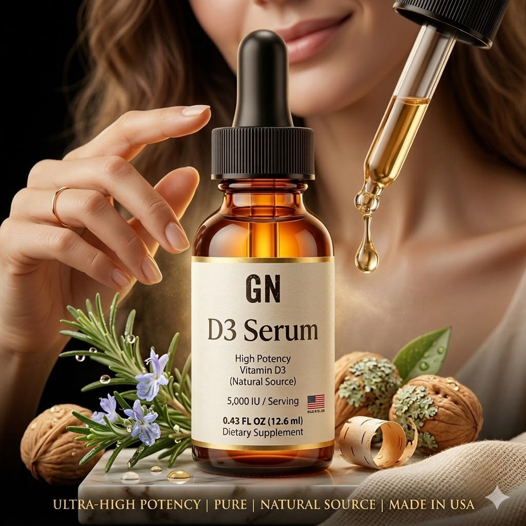 GN D3 Serum bottle with dropper and natural elements on a dark background
