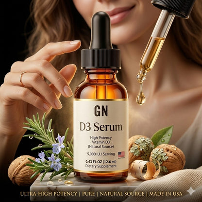 GN D3 Serum bottle with dropper and natural elements on a dark background