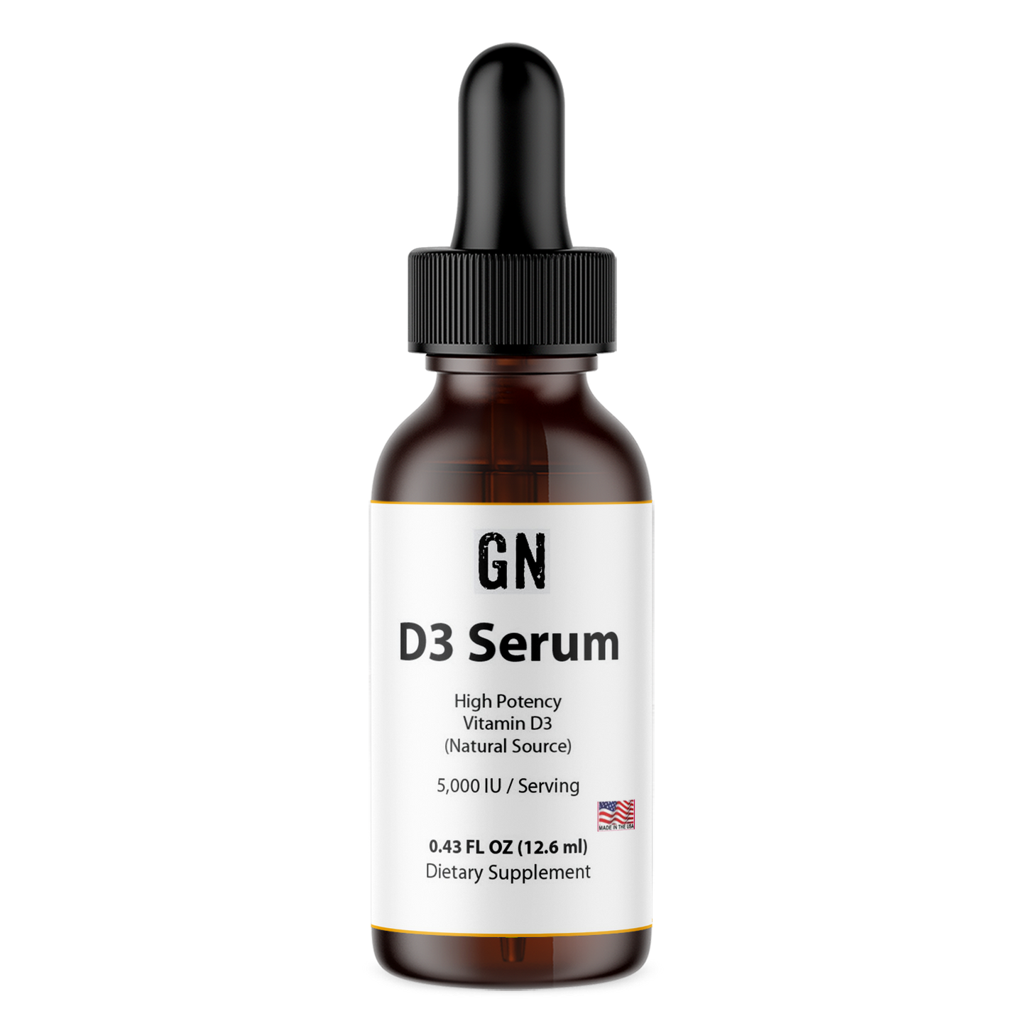 Brown serum bottle with dropper labeled 'GN D3 Serum' on a white background