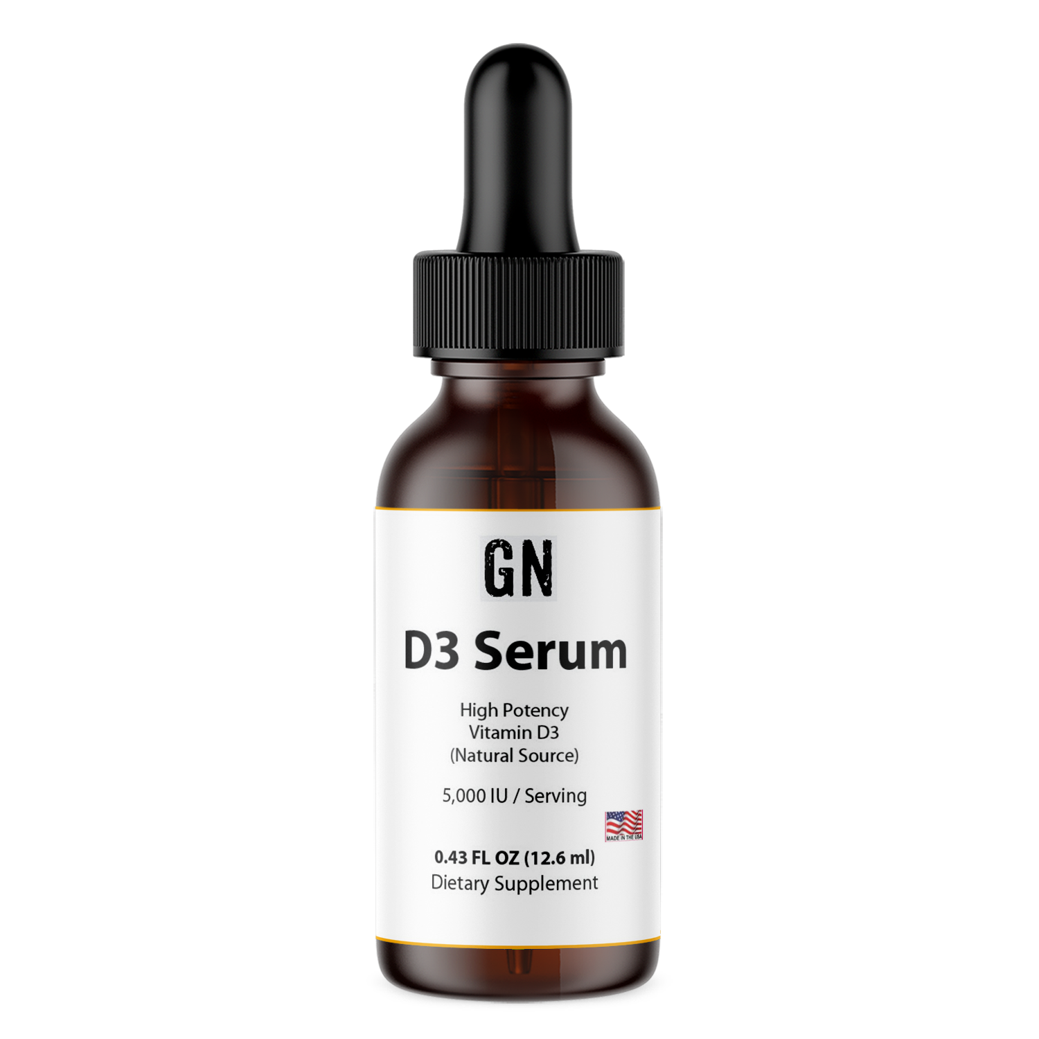 Brown serum bottle with dropper labeled 'GN D3 Serum' on a white background
