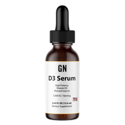 Brown serum bottle with dropper labeled 'GN D3 Serum' on a white background