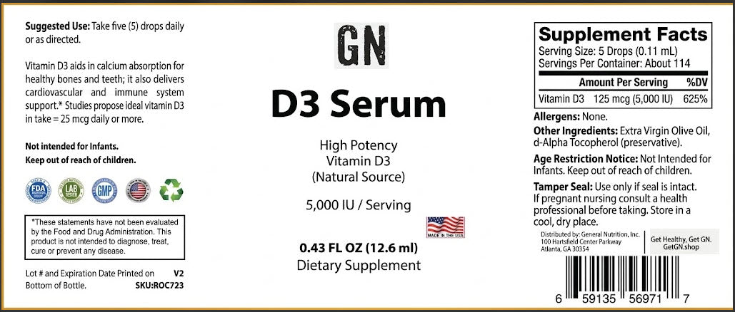 Supplement label for D3 Serum with vitamin D3 content and usage instructions.