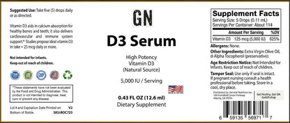 Supplement label for D3 Serum with vitamin D3 content and usage instructions.
