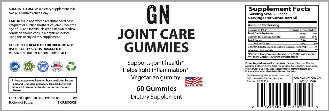 Supplement label for GN Joint Care Gummies with text and graphics on a white background