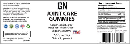 Supplement label for GN Joint Care Gummies with text and graphics on a white background