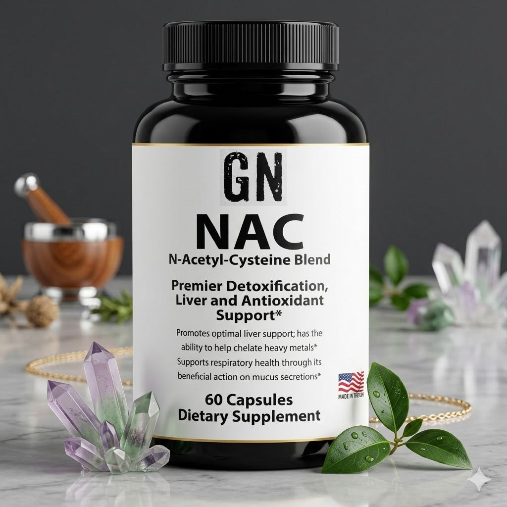 Supplement bottle labeled 'GN NAC' on a gray surface with decorative elements.