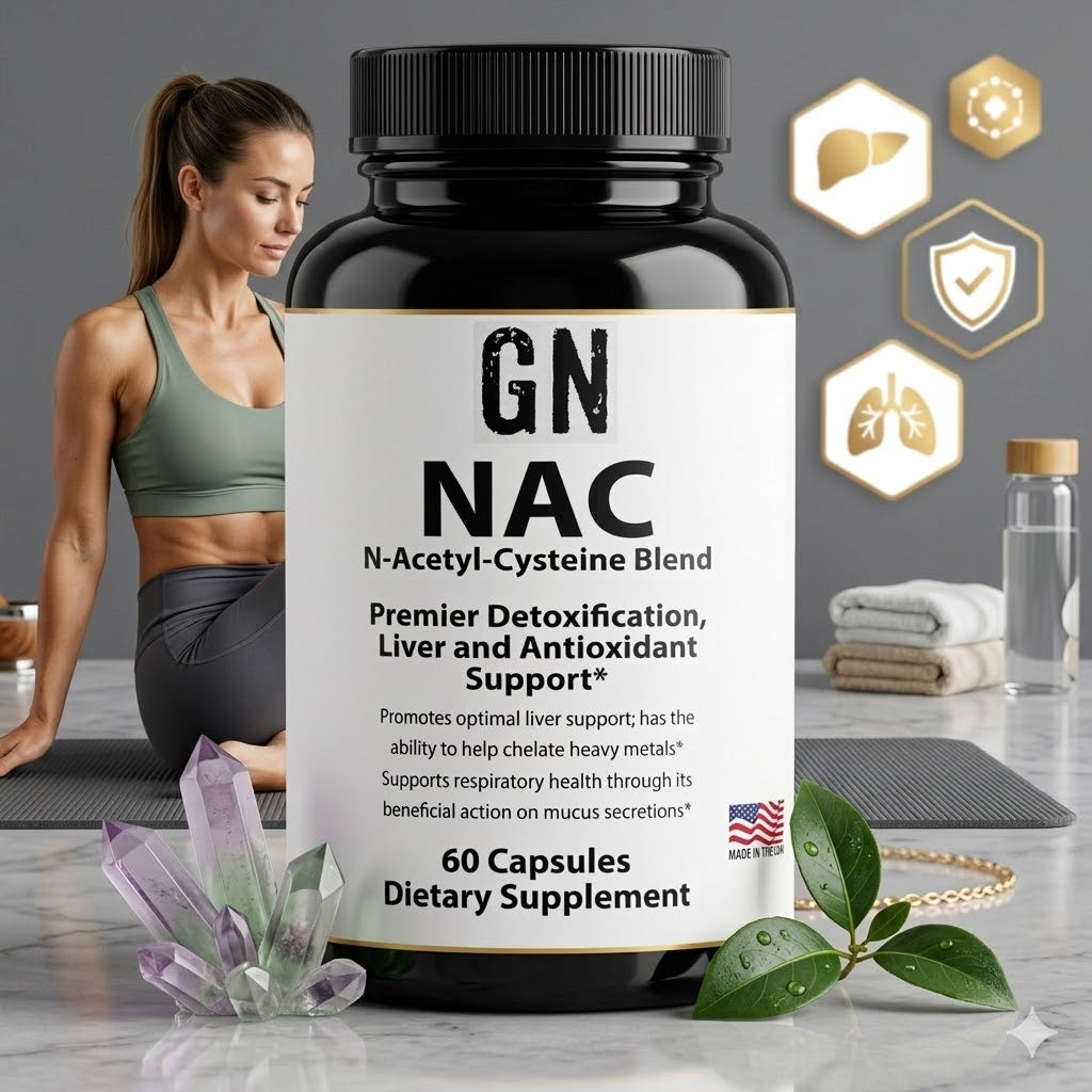 Supplement bottle labeled 'GN NAC' with a woman exercising in the background