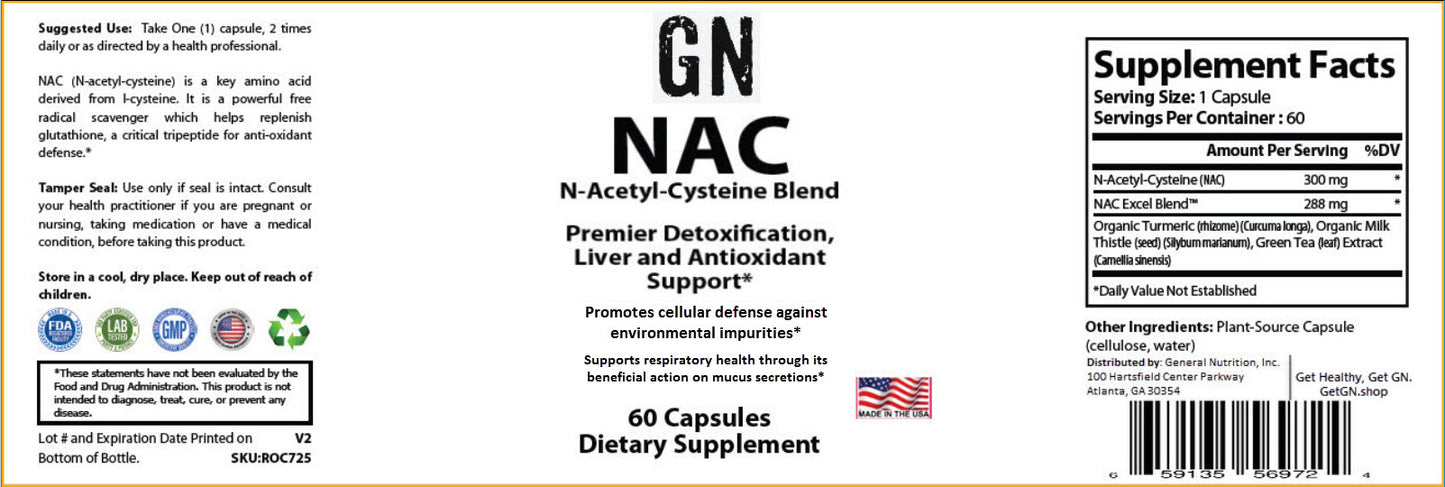Supplement label for GN NAC N-Acetyl-Cysteine Blend with text and graphics on a white background.