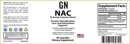 Supplement label for GN NAC N-Acetyl-Cysteine Blend with text and graphics on a white background.