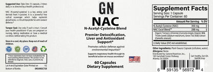 Supplement label for N-Acetyl-Cysteine (NAC) with serving size, servings per container, and supplement facts.