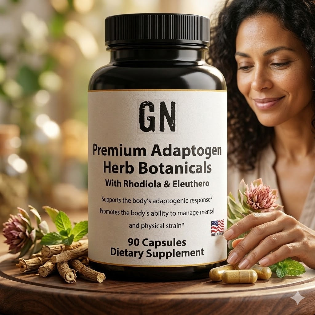 Supplement bottle labeled 'GN Premium Adaptogen Herb Botanicals' with a woman holding herbs in the background.