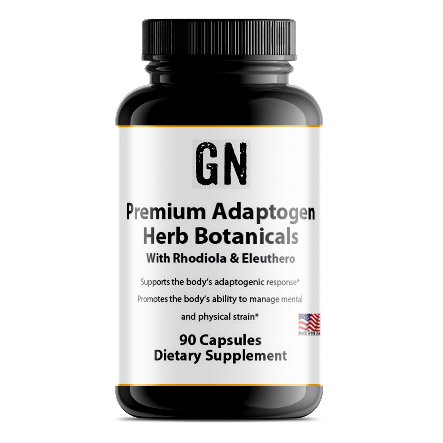 Supplement bottle labeled 'GN Premium Adaptogen Herb Botanicals' on a white background
