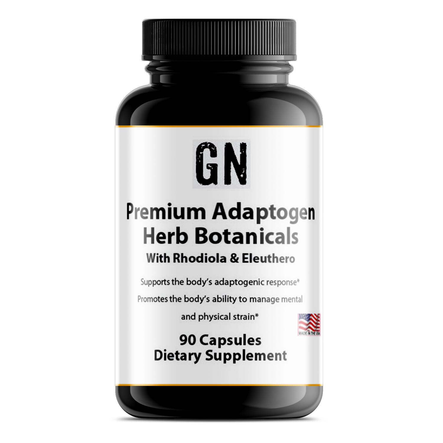 Supplement bottle labeled 'GN Premium Adaptogen Herb Botanicals' on a white background