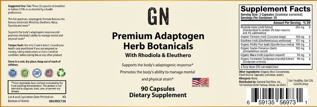 Supplement label for GN Premium Adaptogen Herb Botanicals with Rhodiola & Eleuthero on a beige background.