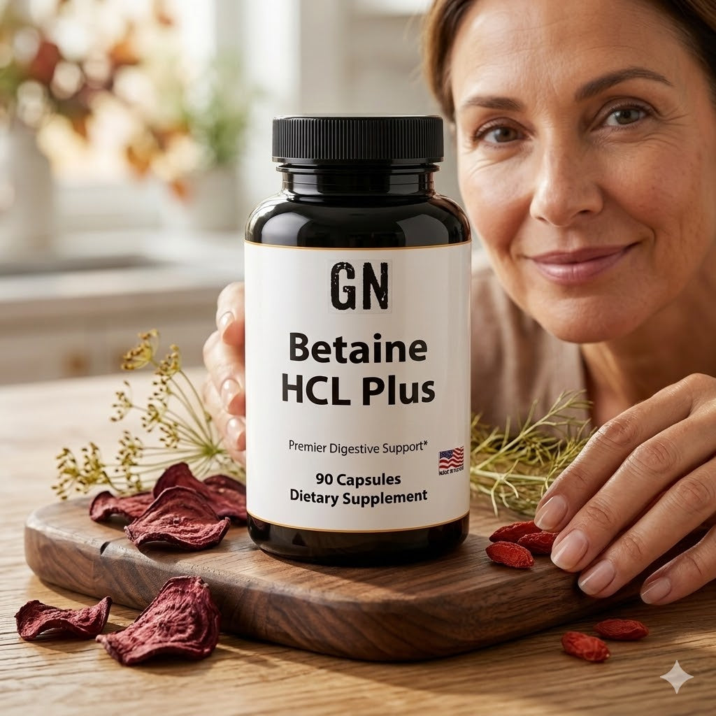 Woman holding a bottle of GN Betaine HCL Plus dietary supplement on a wooden surface.