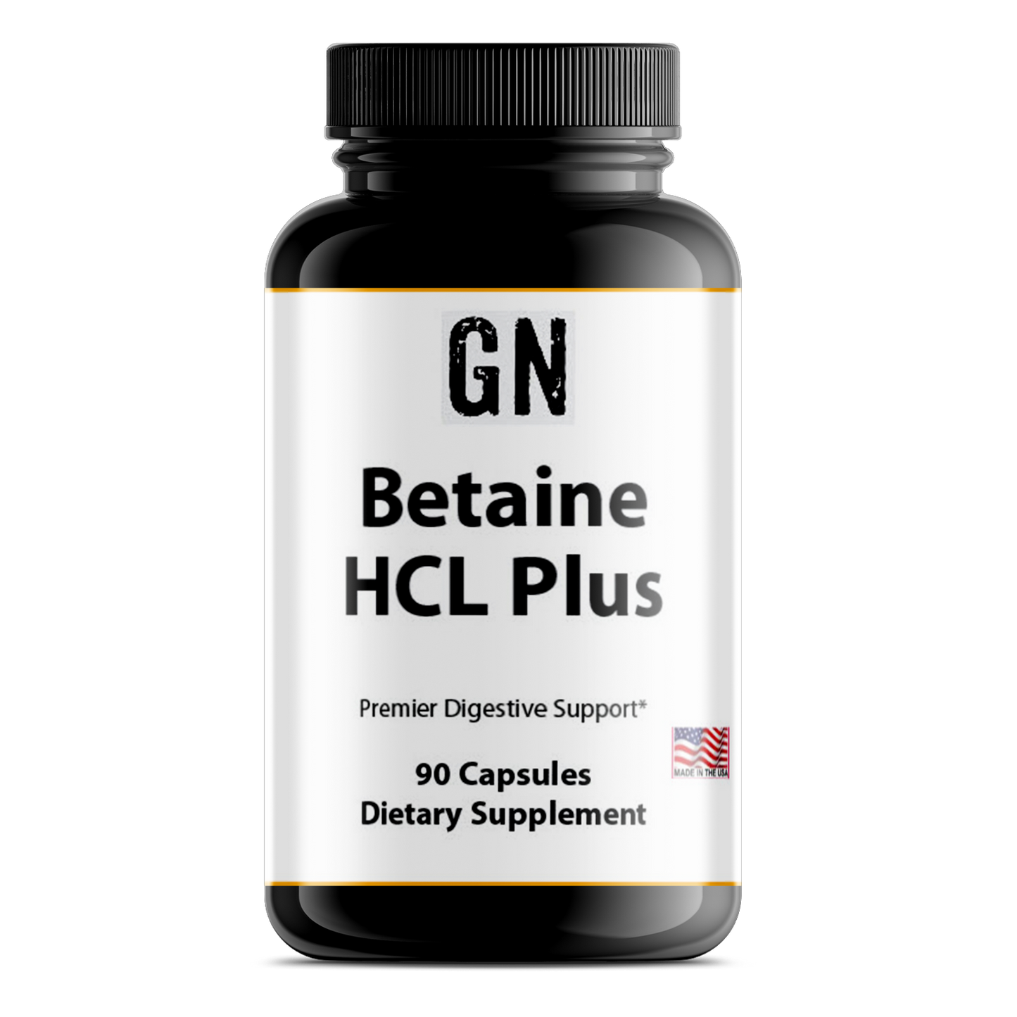 Supplement bottle labeled 'GN Betaine HCL Plus' on a white background