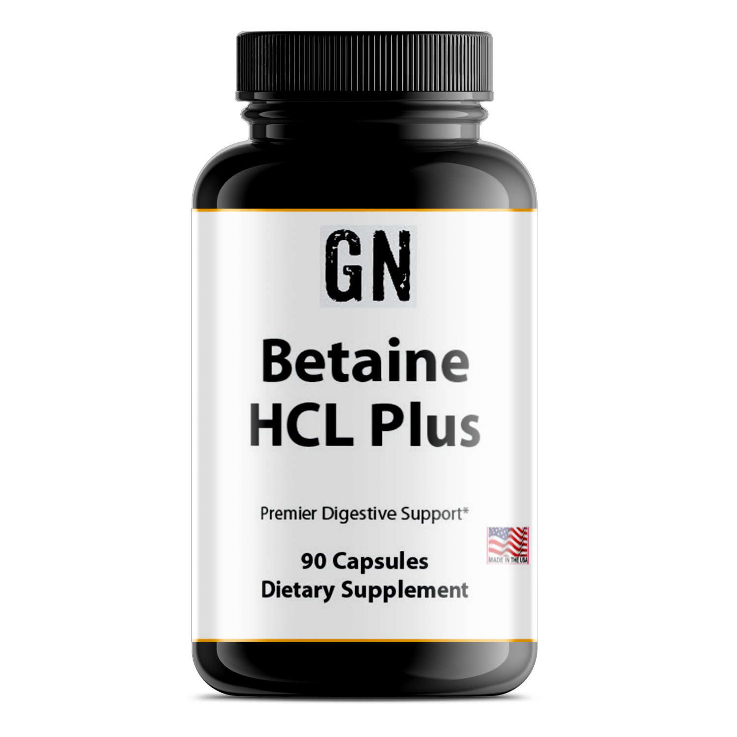 Supplement bottle labeled 'GN Betaine HCL Plus' on a white background