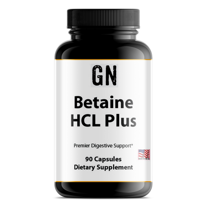 Supplement bottle labeled 'GN Betaine HCL Plus' on a white background