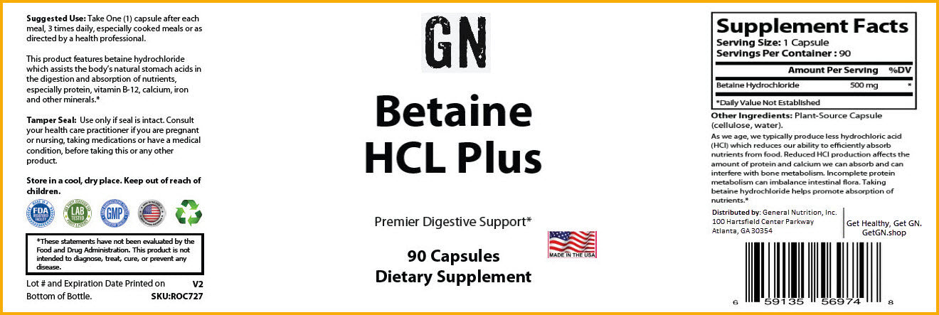 Supplement label for GN Betaine HCL Plus with text and graphics on a white background