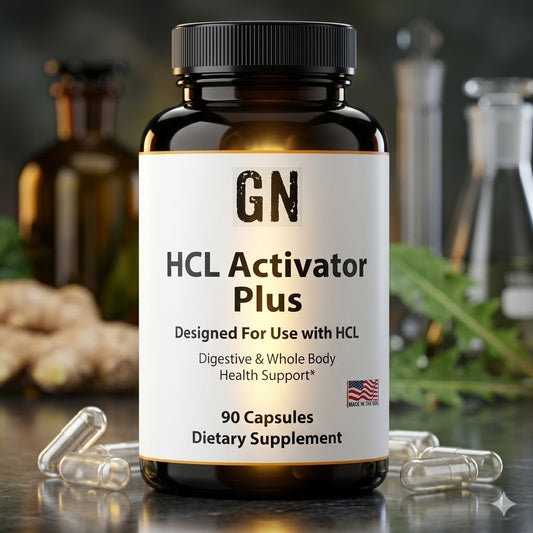 Supplement bottle labeled 'GN HCL Activator Plus' with capsules on a dark background