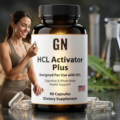 Supplement bottle labeled 'GN HCL Activator Plus' held by a woman with scientific equipment in the background