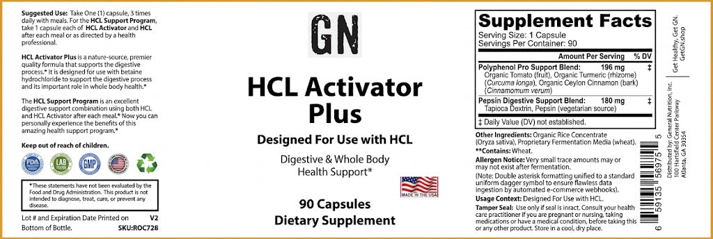 Supplement label for HCL Activator Plus with branding and nutritional information.