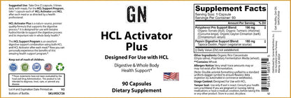 Supplement label for HCL Activator Plus with branding and nutritional information.