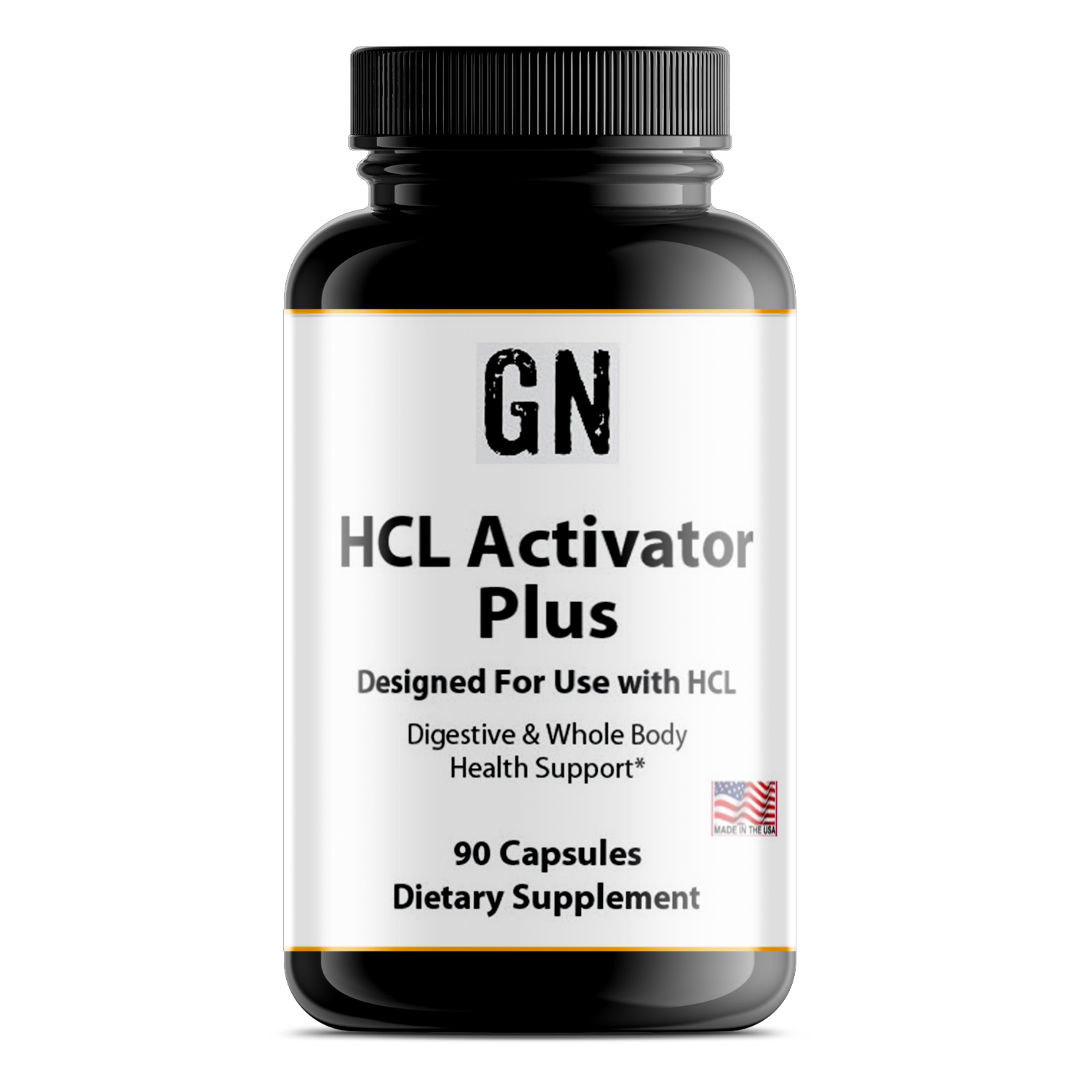 Supplement bottle labeled 'GN HCL Activator Plus' on a white background