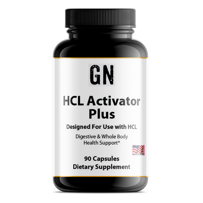 Supplement bottle labeled 'GN HCL Activator Plus' on a white background