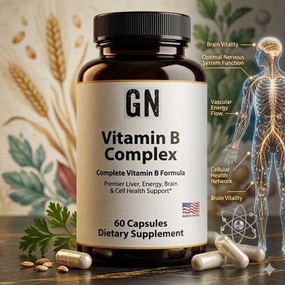 Vitamin B Complex supplement bottle with capsules and a diagram of a brain and nervous system.