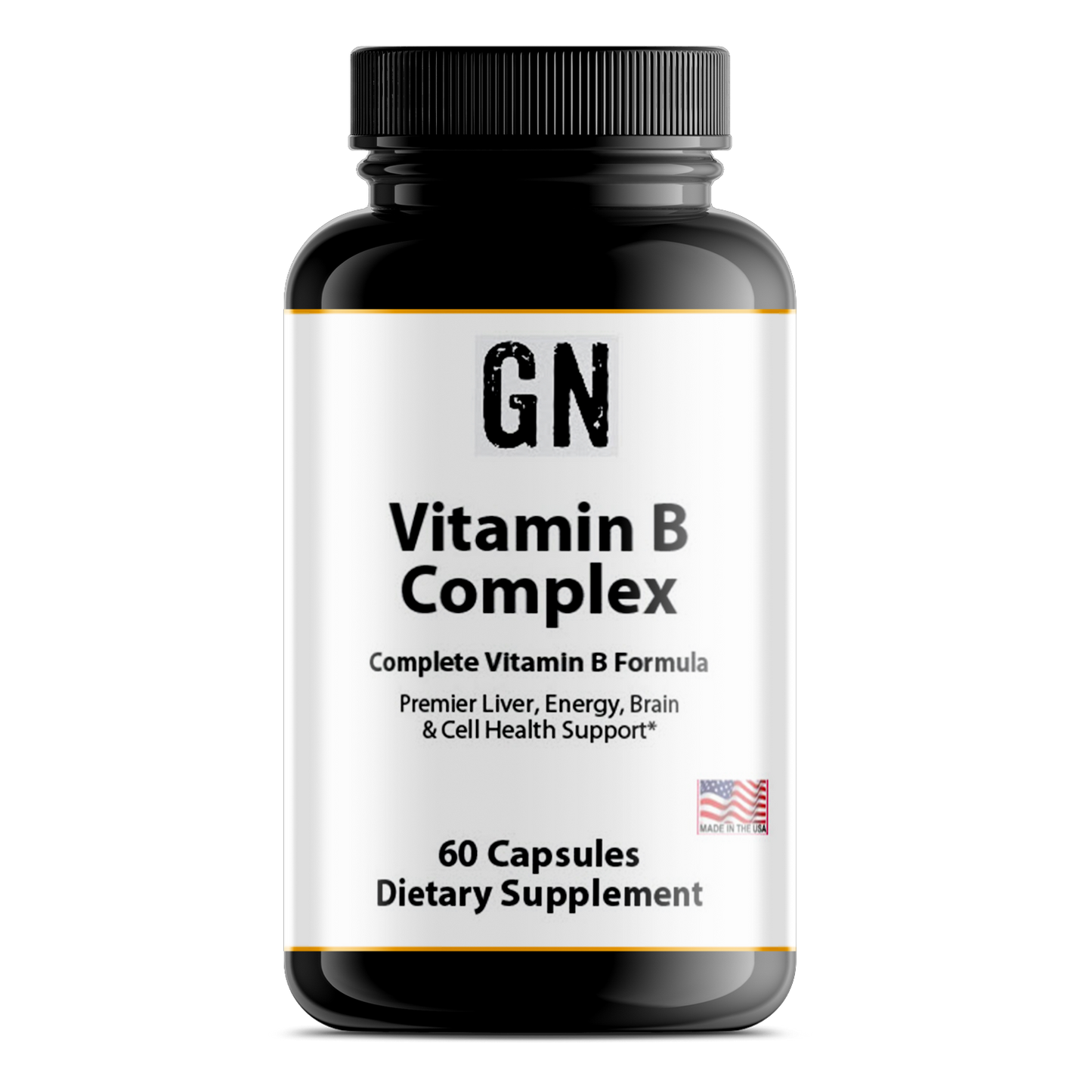 Supplement bottle labeled 'GN Vitamin B Complex' on a white background